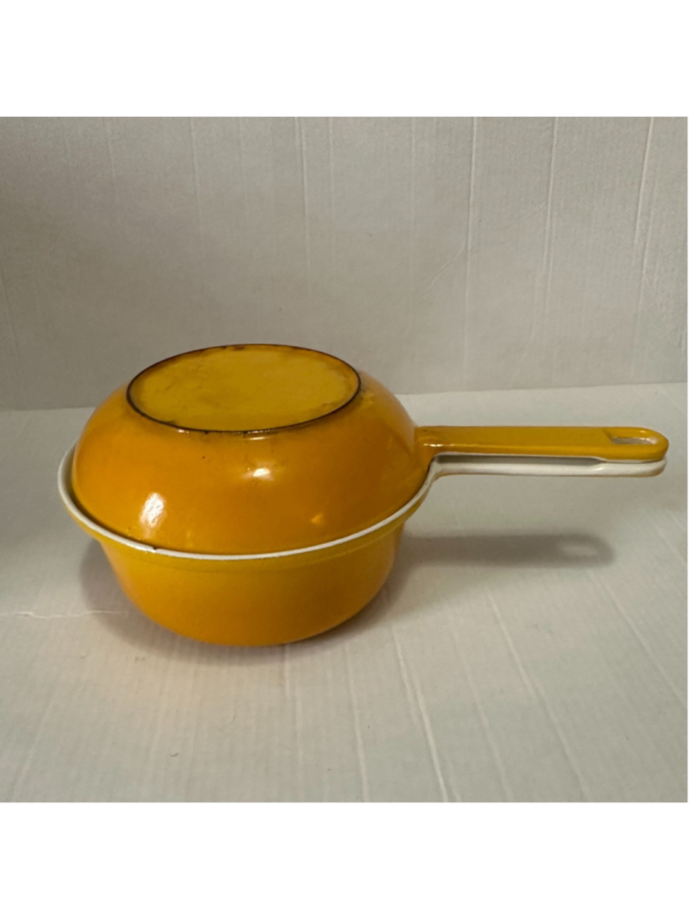 VTG Belgian Descoware Yellow Enamel Cast Iron 2-in-1 Skillet & Saucepan